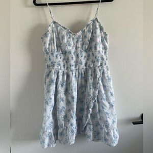 Hollister Womens Floral Eyelet Ruffled Mini Dress Smocked White Blue Sz XL